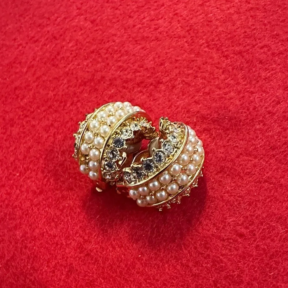 Joan Rivers RARE Stamped Pearl and CZ Half Hoop Clip On Earrings
